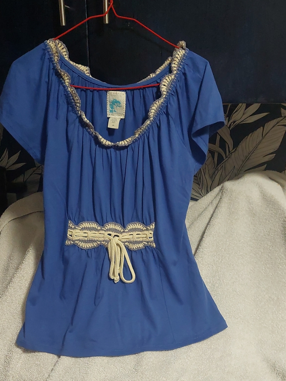 Free People Royal Blue Short Sleeve Tunic with Cream Braided Trim M